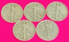 WALKING LIBERTY HALF DOLLARS - LOT OF 5 - 90% Silver - $50 Under Melt!!
