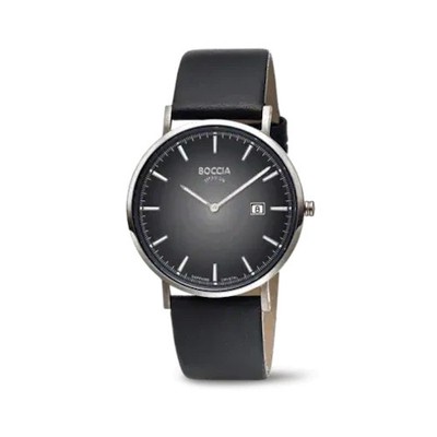 Boccia Titanium Herren Armbanduhr Slim Titan 3648-04 Schwarz Deutlich Lederband