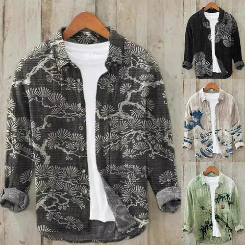 Herren Hawaii Langarm Button Down Hemd Freizeit traditionelles Muster - Bild 2 von 20