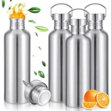 4 Pack 34oz Uninsulated Single Walled Stainless Steel Sports Water Bottle wit...