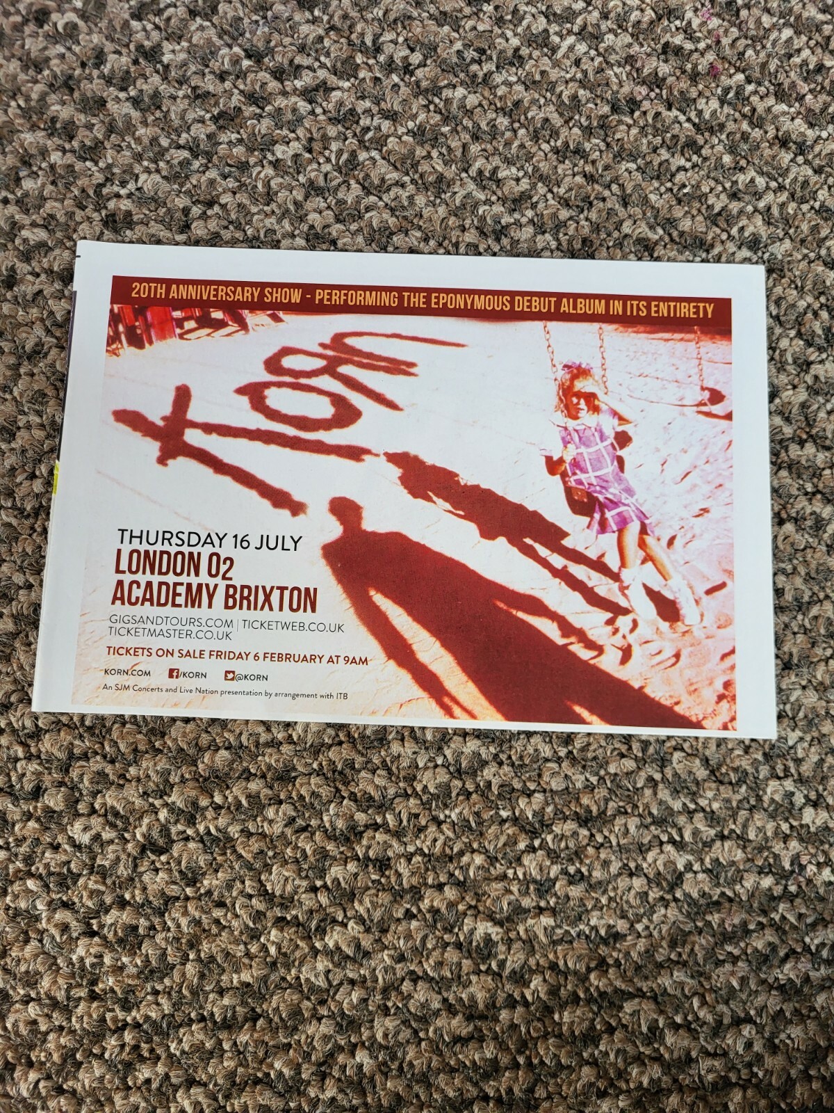 My O2 Business BEL10 ADVERT 5X8 KORN : 20TH ANNIVERSARY SHOW -LONDON O2 ACADEMY ...