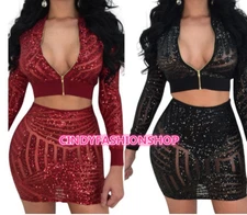  Women Sequin See Thu Two-Piece Set Front Zipper Long Sleeve Crop Top+Skirt #S2