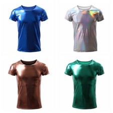 Men's Faux Leather T-Shirt Tops Shiny Metallic Wet Look Fitted Stage Club Wear
