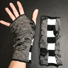 Upcycled Gloves Black Mummy Hand Warmers Gray Striped Arm Covers Mens Zombie Y2k