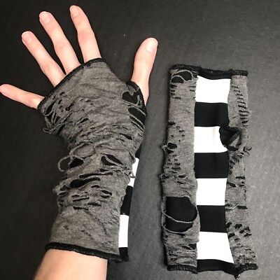 Upcycled Gloves Black Mummy Hand Warmers Gray Striped Arm Covers