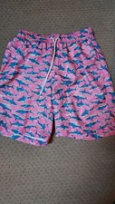 Lands End Mens Small 28 30 Swim Trunks Shorts Swimsuit Pink Blue Sharks Pockets