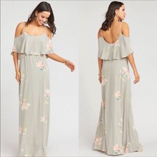 NWT SHOW ME YOUR MUMU Caitlin Ruffle Taupe Maxi Bridesmaid Dress Gown Size M