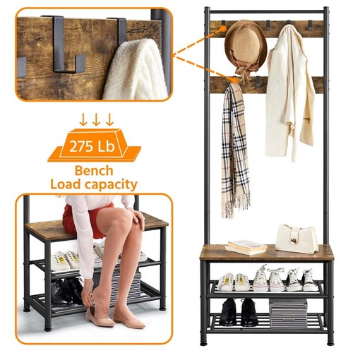 73" Metal Hall Tree with Shoe Storage Bench, Rustic Brown - Picture 6 of 10