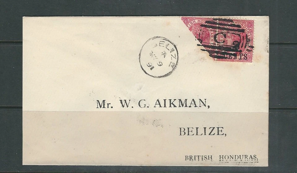 Honduras Británica 1891 Bisecto De Qv Scott 28a (2c En 1p) En Sobre Uso Local - Imagen 1 de 1