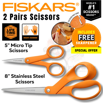 Fiskars 2 Pairs Scissors Set, Genuine 5'' Micro Tip & 8'' Stainless Steel Scissors