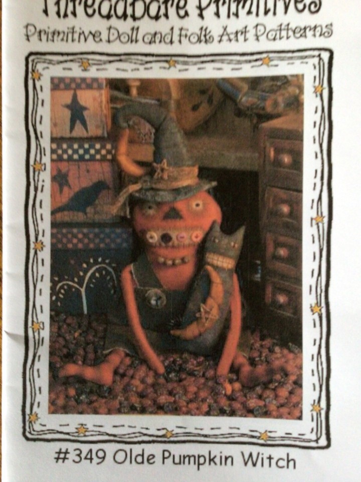 PATTERN Primitive Pumpkin Witch Doll & Black Cat Moon NEW Threadbare ...