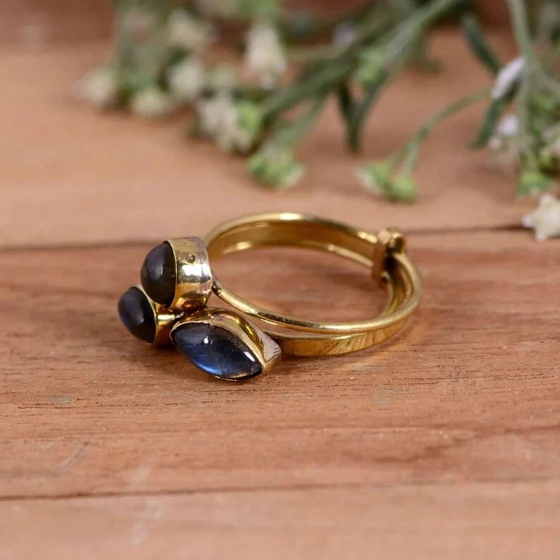 Fire Labradorite Gemstone Ring 925 Sterling Silver Three Stone Ring Antique Ring - Image 2 of 4