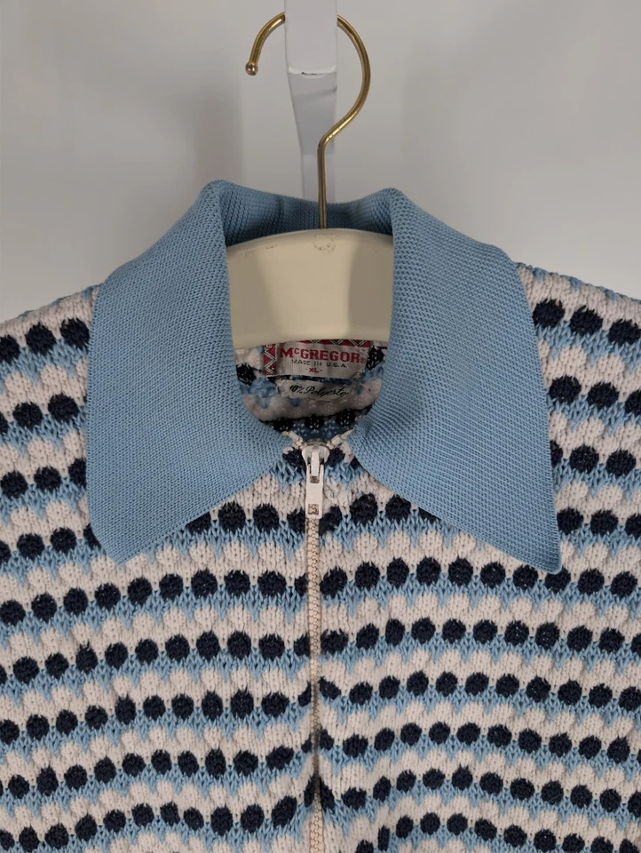 Camisa polo vintage McGregor malha anos 60 anos 70 mod geométrica azul branca pipoca GG - Imagem 4 de 4