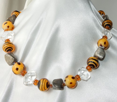 Larzo Necklace Art Glass and Rock Crystal Beads Orange Black Dots Stripes Cool - Picture 10 of 10