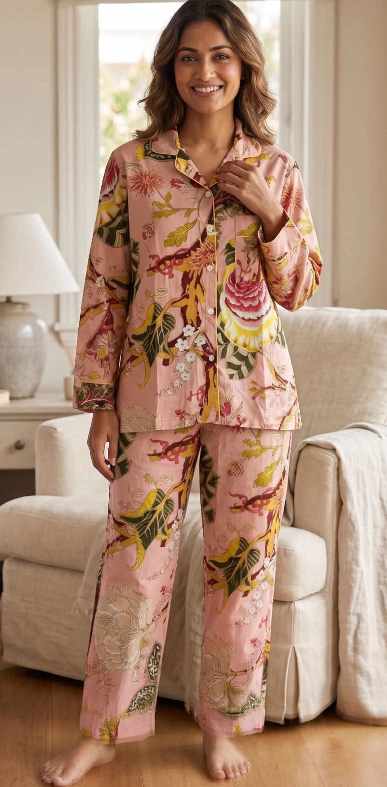 Handmade Peach Floral Print Cotton Pajama Set Bridesmaid PJ Set Loose Clothing
Opens in a new window