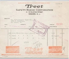 1938 Treet Safety Razor Corporation Razor Blades Newark NJ Billhead 7"H