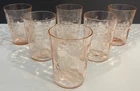 (6) Pink Depression Glass Etched Floral Vine Optic Tumblers  3-7/8" x 3'
