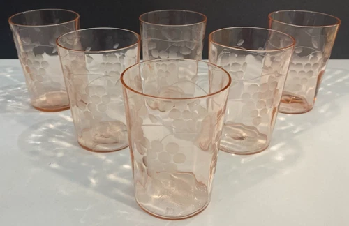 (6) Pink Depression Glass Etched Floral Vine Optic Tumblers  3-7/8" x 3'