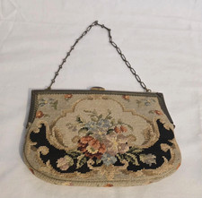 Vintage Petit Point Floral Purse 1930s-40s Chain Bag w/ Purple Clasp Interior w