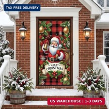 Merry Christmas Door Banner 35x71 Inch Santa Claus Front Door Cover with Bell Pl
