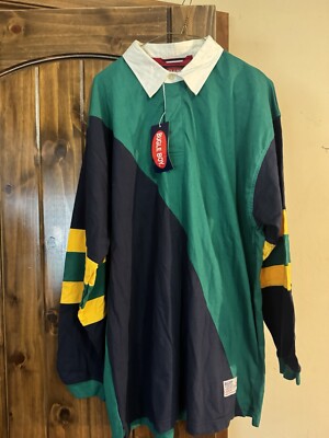 New VINTAGE Bugle Boy Men s XL Rugby Color Block Long Sleeve Navy, Green, Yellow