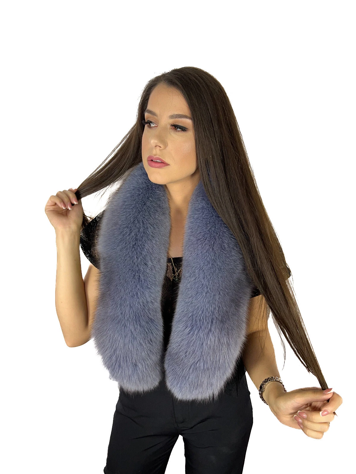 Finn Fox Fur Stole 43" (110cm) Grey - Blue Color Saga Furs Collar Big Scarf