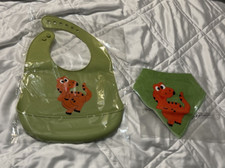 Green with Orange Dinosaur 2 Piece Baby Bibs 1 Silicone and 1 Organic Cotton 
