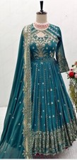 Latest Stylish Faux Georgette Teal Blue Gown Bottom With Dupatta For Wedding