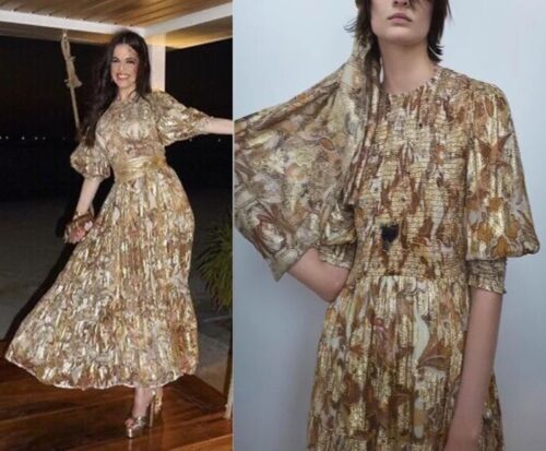 ZARA Gold Beige Metallic Thread Floral Shirred Midi Maxi Dress size L 14 16 - Picture 4 of 10