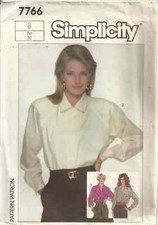 SIMPLICITY 7766 MISSES' SIZE 8 LOOSE-FITTING SHIRTS SEWING PATTERN 1986
