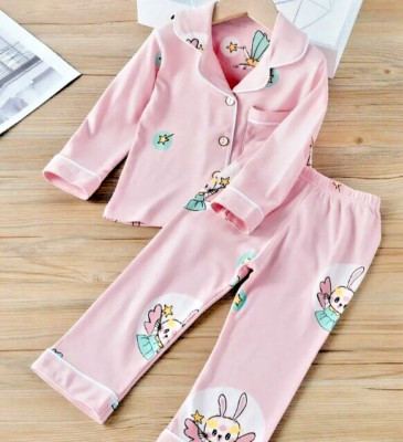Pajama Set For Girls Soft Cotton Cartoon Print Lapel Top Long Sleeve Pants