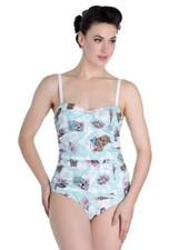 Hell Bunny Suki Retro Light Teal White Tiki Lined Swimsuit