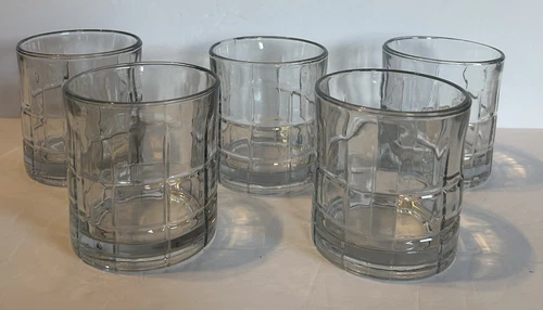 5 Vintage Anchor Hocking Tartan Clear Glass Tumblers Retro Lowball Juice
