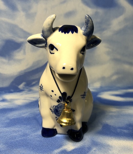 NEW Vintage Delft Blue Hand Painted Cow Creamer Bell, Windmill, Flowers