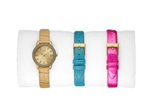GUESS GOLD TONE 3 PC SET,BEIGE+BLUE+FUCHSIA LEATHER BAND,CRYSTALS,WATCH W0813L2