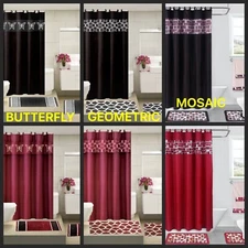 COMPLETE BATHROOM SET 2 BATH MATS 1 SHOWER CURTAIN &FABRIC HOOKS PRINTED DESIGNS