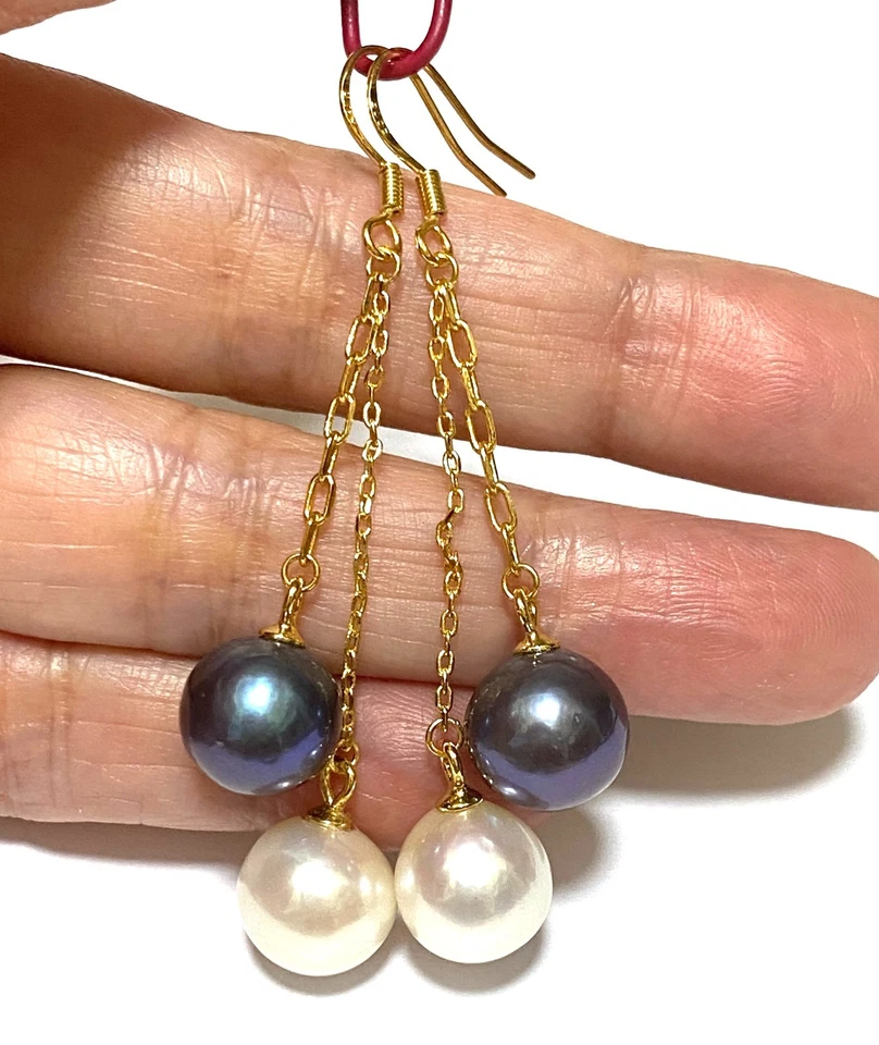 RARE 10 - 10.5mm 5A Luster White and Black Round Edison 2 Pearls Dangle Earrings - Image 2 of 4