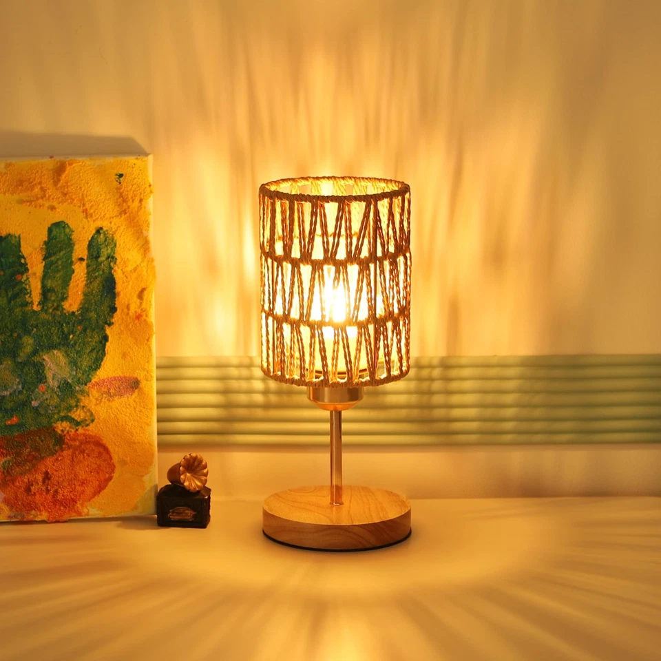 Lámpara de Mesa Boho Pequeña con Bombilla,Lámpara Rústica de Ratán para Dormitorio,Lámpara de Noche... Foto 2 de 4