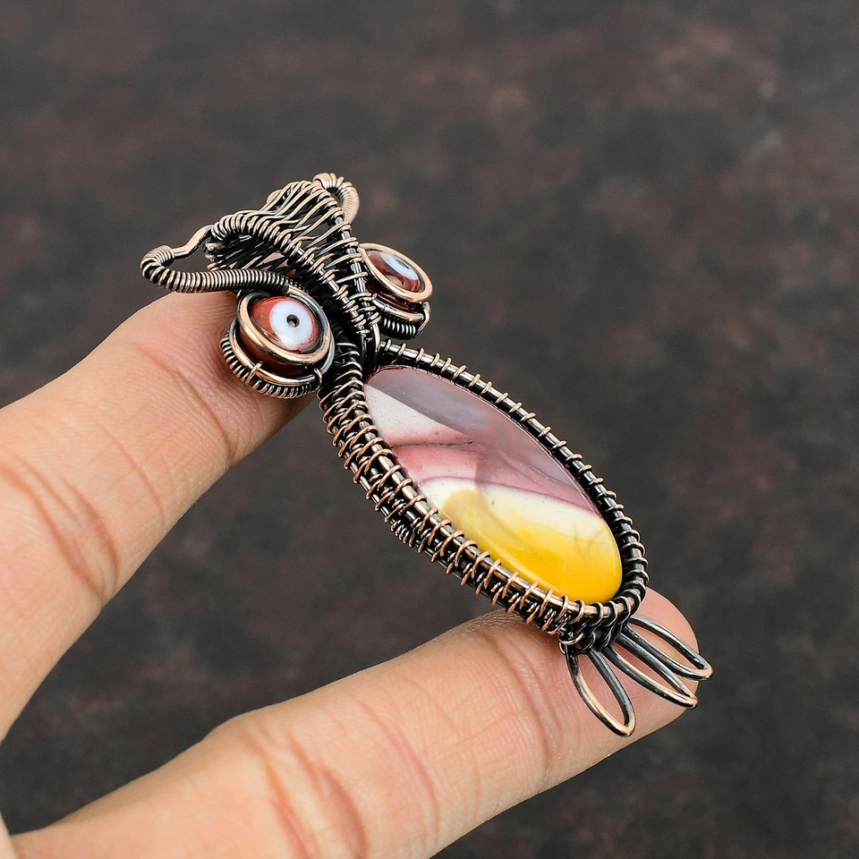 Oferta de Halloween Piedra Mookaite Color Rojo Mal de Ojo Alambre Envuelto Búho Colgante Cobre Foto 3 de 4
