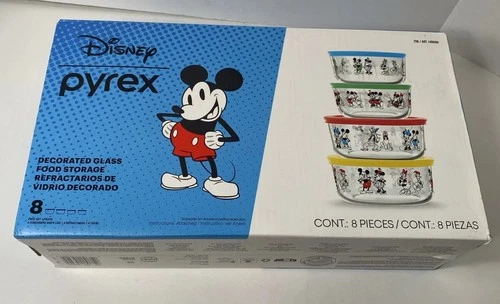 Disney Pyrex Glass Food Decorated Storage Bowl and Lid Set 8 Pieces NEW