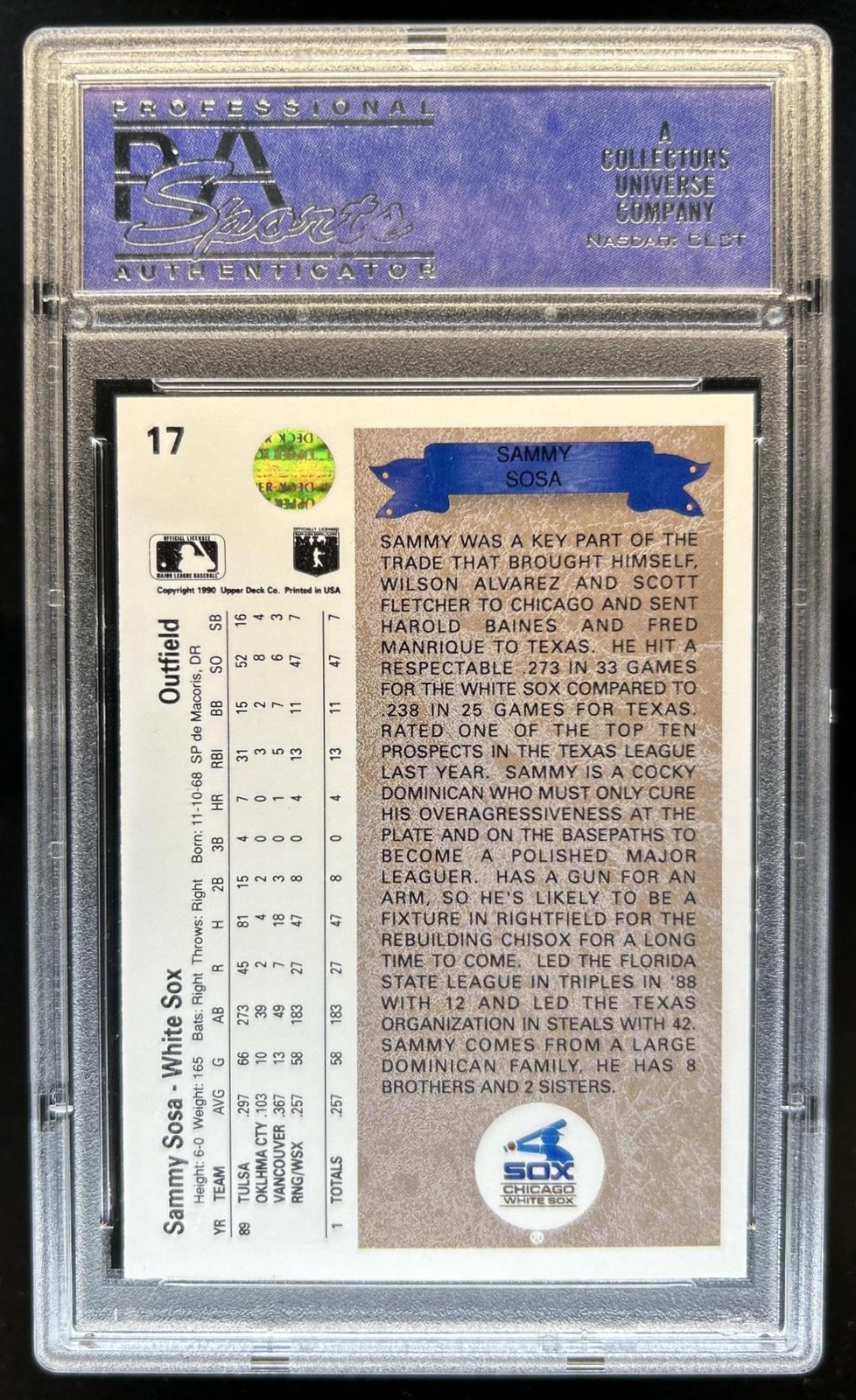 1990 Upper Deck Sammy Sosa Rookie RC #17 White Sox PSA 9 view 2