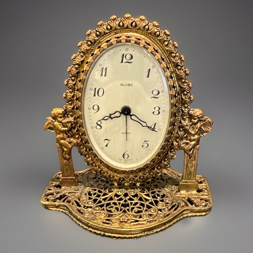 VTG Globe Brass Mantel Clock Ornate Gold Germany Alarm Cherubs Works -For Parts