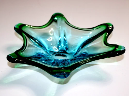 MCM Murano Art Glass Star Shaped Bowl Hand Blown Blue Green