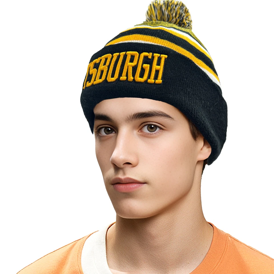 Pittsburgh Football Embroidery Skull Cap Winter Warm Beanie Pom Knit Stocking - Image 3 of 4