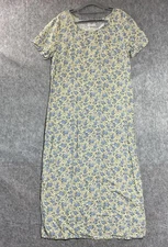 Vintage Dress Women XL Yellow Blue Floral Maxi Short Sleeve Cottage Prairie Boho