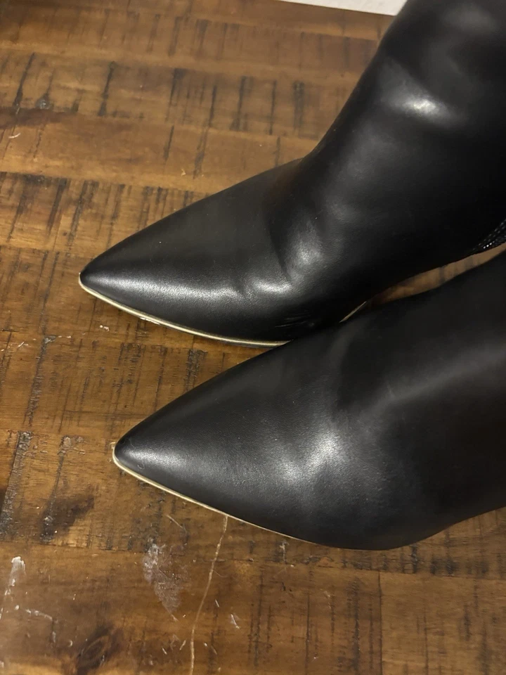 Marc Fisher Botines 8.5 Mujer Tacón Cuero Negro Puntiagudo Tono Dorado Resistente Foto 4 de 4