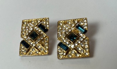 clip-on earring, rhinestone and green stone