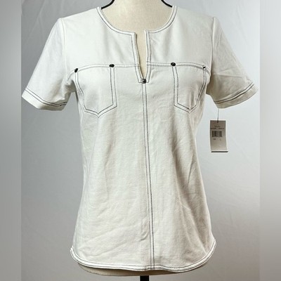 RAFAELLA NWT stretch contrast stitching V-slit short sleeve T-shirt - size small