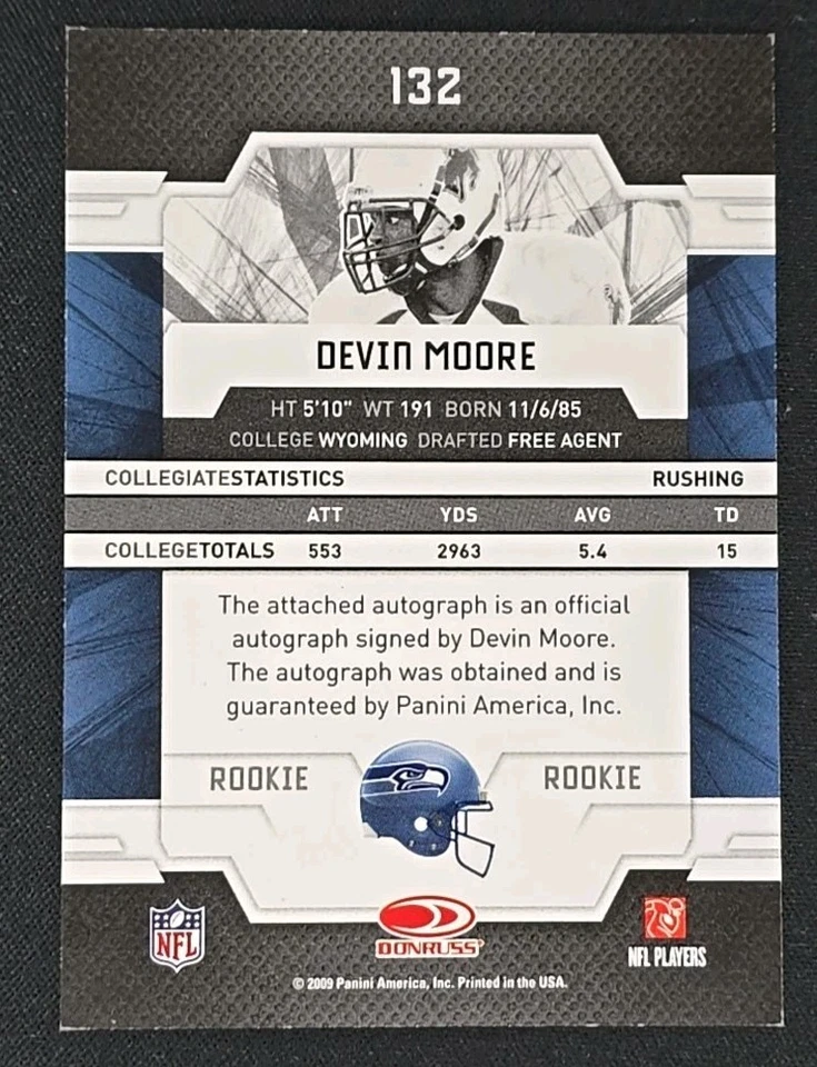2009 Donruss Elite Football Devin Moore Silver Blast Rookie Auto #d 995/999 - Image 2 of 2