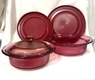 VTG Vision Ware Corning Pyrex 5 Pc Set Cranberry Ribbed Casserole Bakeware